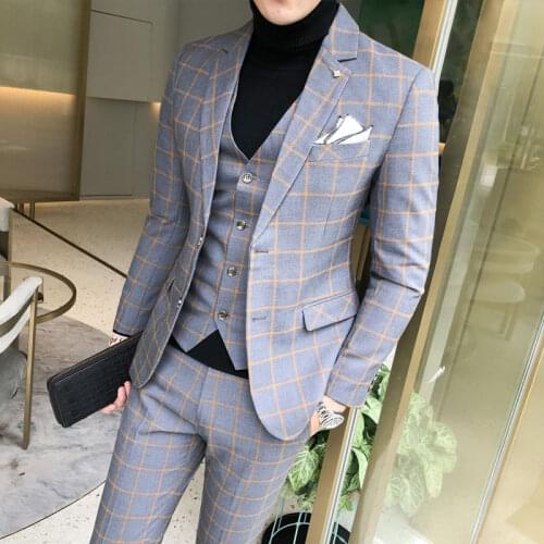 New Men Slim Groom Suits Wedding Dress Suits For Men Blue Plaid Formal wear Suits 3 Pieces Suits Jackets+Pants+Vest Size XS-5XL