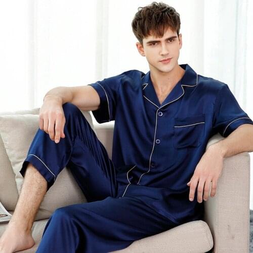 Genuine Silk Pajamas Solid Color Mans Short-Sleeve Two-Piece 100% Silkworm Silk Sleepwear Male Pyjama Sets T9001