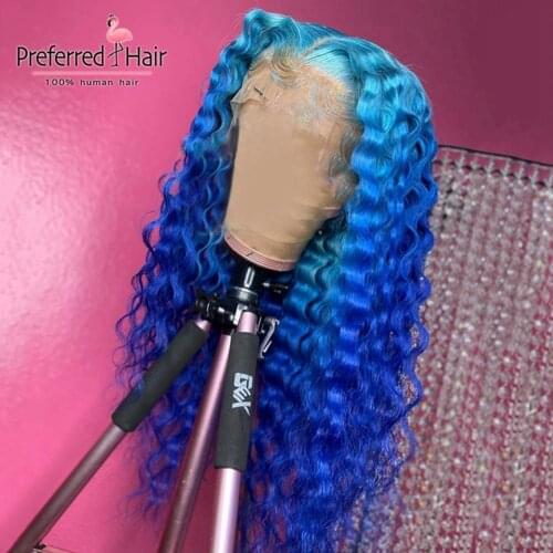 Preferred Green Blue Ombre Lace Front Wig Brazilian Remy Transparent Lace Wigs Deep Wave Full Lace Human Hair Wigs For Women