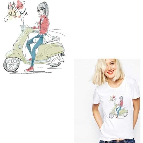 Electric Car Girl Thermo Sticker For T-Shirt Applique Decor Iron-on Transfers For Clothing Thermo Transfer On Clothes Stickers