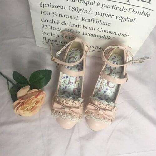 Lolita shoes sweet Japanese lace middle-heeled student thick heel shoes bow small high-heeled platform girl Victoria Kawaii