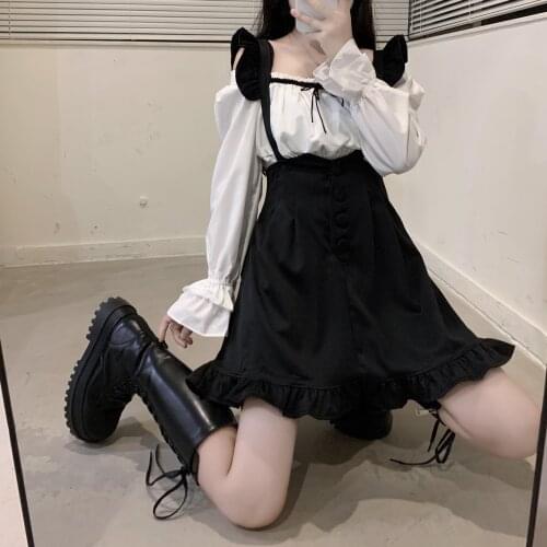 Gothic Punk Style Women Streetwear 2 Pcs Set Japanese Harajuku White Slash Neck Top+Black Suspenders Skirt Cute Kawaii Outfits