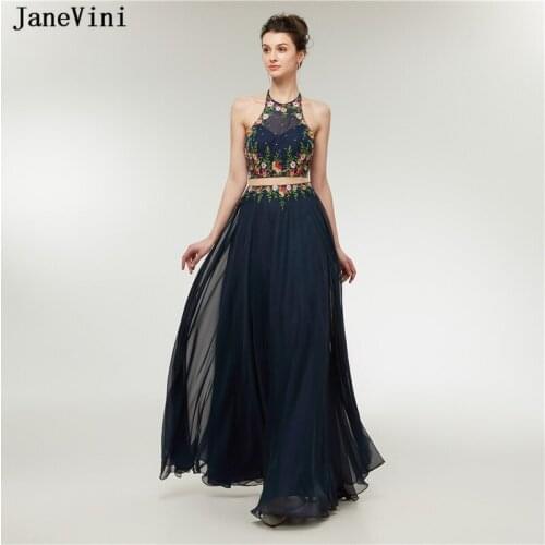 JaneVini 2018 Vintage A Line Navy Blue Long Bridesmaid Dresses with Embroidery Beaded Chiffon Two Pieces Prom Dress Floor Length