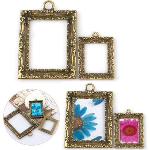 Vintage Rectangle Antique Bronze Metal Hollow Frame Glue Blank Connector Charms Pendant DIY Jewelry Findings Accessories
