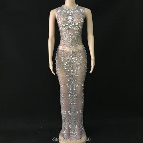 Sexy Shining Stones Top Skirt Set Stretch Dress Party Women Singer Nightclub Dance Shinning Dress 2-piece Skinny Dress
