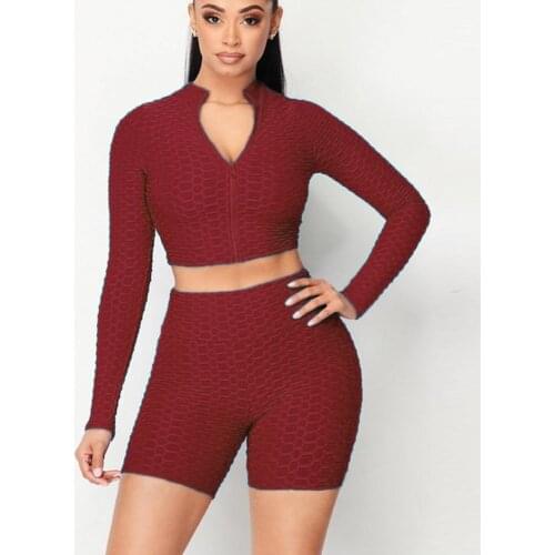 Women Fitness Two Piece Sport Suit Stretchy Long Sleeve Slim Fit Crop Top and High Waist Biker Short Yoga Running Sweatsuits