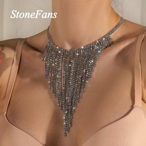 Stonefans Bohemian Rhinestone Long Tassel Choker Necklace for Women Statement Crystal Sweater Chain Necklace Collar Jewelry