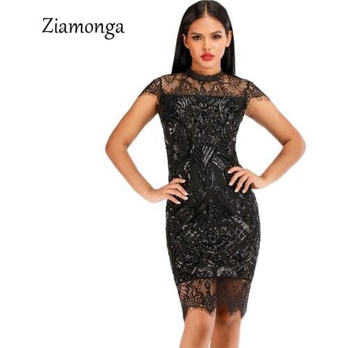 Ziamonga Floral Embroidery Lace Black Dress Autumn Sequin Bandage Dress Elegant Office Sexy Lace Women Dress Bodycon Vestidos