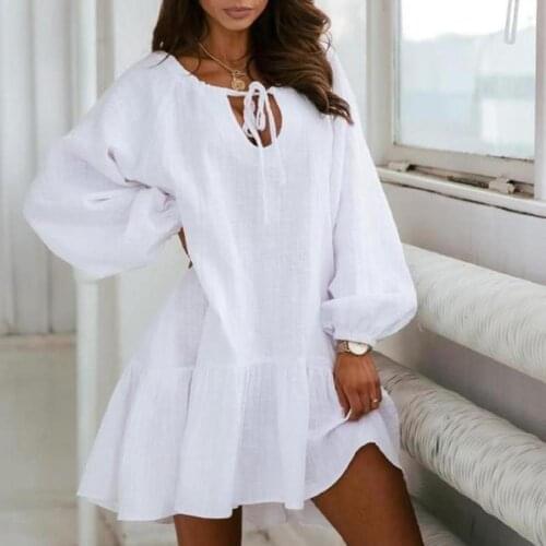 Women Summer Elegant Dress Long Puff Sleeve Tie-up Cotton Flax Spring Summer Sexy Hollow Out Ruffle Party Dress for Vacation