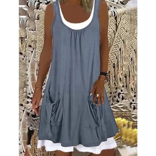 2021 Summer Women Dress Round Neck Pleated Pocket Dress Female Casual Knee-length Sleeveless Dresses Loose Ladies Clothes