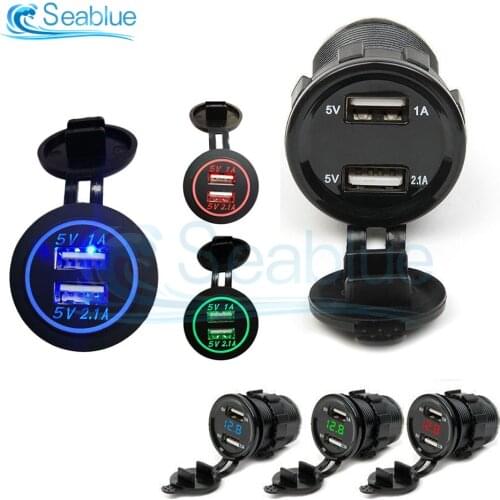5V 1A 2.1A Dual USB Car Charger 12-24V Waterproof USB Charger Socket Adapter With Voltmeter For Car Boat Motorcycle Vehicles