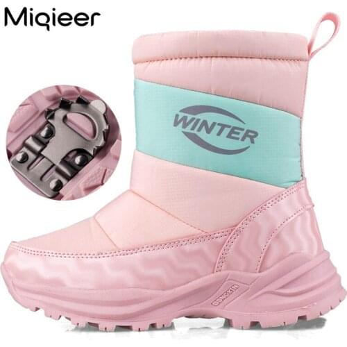 Winter Children Thicken Plush Snow Boots Boys PU Leather Down Waterproof Anti-slip Crampons Boots Girls Keep Warm Cotton Shoes