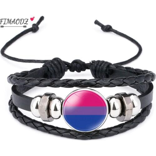 FIMAODZ 9 Styles Rainbow Flag LGBT Leather Bracelet Lesbian Gay Pride Glass Gem Adjustable Bangles Bracelets for Men Women Gift