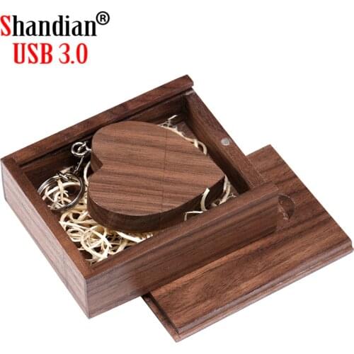 SHANDIAN Free custom logo USB 3.0 wooden Heart USB+BOX Flash Drive Pendrive 32GB 16GB 8GB Memory Stick photography wedding gifts