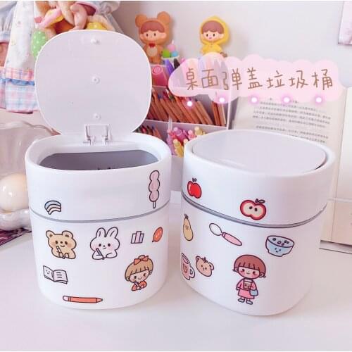 Push-type trash can with lid storage box rubbish bin plastic basket household for Office desk organizer garbage bag stickers