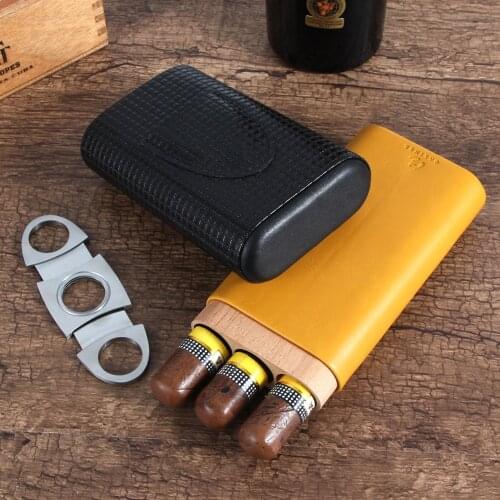 GALINER Leather Cigar Case Travel Suitcase Portable 3 Tube Cigar Humidor Cutter Set Business Men Gift Cedar Wood Humidor