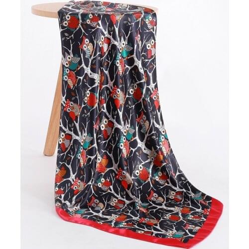 Summer Lady Square Scarf for Women Head Shawl Cute Owl Print Foulard Satin Scarves Luxury Brand Pashmina Female Large Silk Hijab