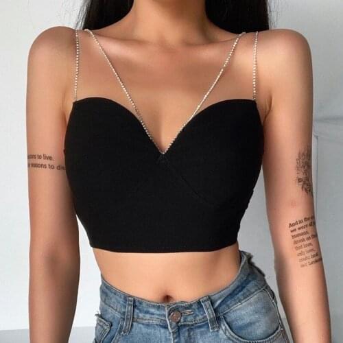 Fashion Diamond Chains Tanks Sleeveless Crop Tops Womens Deep V Cup Body Shape Lingerie Look Base Wrapped Zipper Top Streetwear