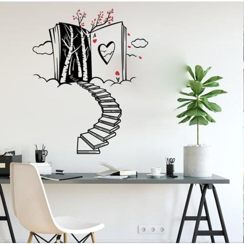 Cartoon Stairs Books Trees Hearts Mad Hatters Wall Decal Library Playroom Kids Room Alice Tea Party Wall Sticker Bedroom Vinyl