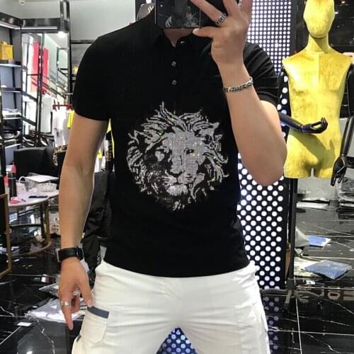 Hot New Products Asian Size M-5XL Crystal Polo Shirt Trend Mens Delicate Rhinestone Lion Head Short Sleeved Male