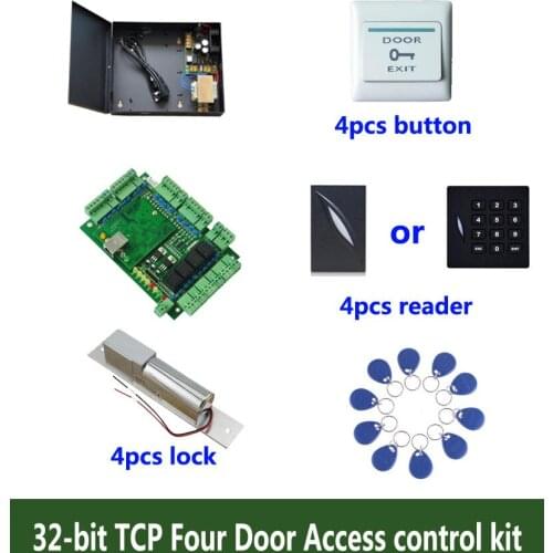 RFID 32-bit access control kit,TCP/ip four door access control+powercase+bolt lock +ID reader+exit button+10 ID tags,sn:kit-T402