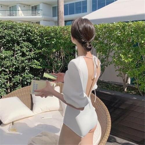2021 New Sexy High Cut One Piece Swimsuit Women Solid Swimwear Monokini Push Up Swim Suit Short Sleeve Pad Bathing Suit