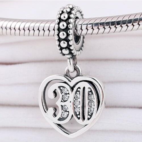 Original Love Heart Celebrate 30 years With Crystal Pendant Bead Fit 925 Sterling Silver Bead Charm Bracelet DIY Jewelry