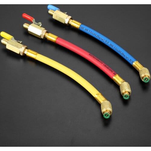 3Pcs 45 Degrees Angled Adapter with Brass Ball Valve 9.8" Short HVAC AC Refrigerant Charging Hoses 1/4" Male & Female SAE Thread