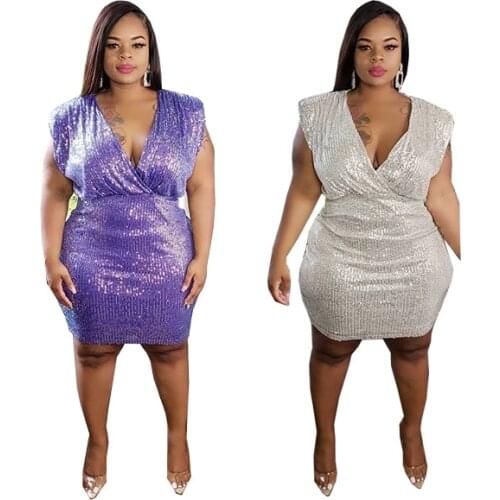 Sequins Patchwork Purple Bodycon Mini Dress Woman V-neck Party Night Club Elegant Dresses Plus Size Clothing Vestidos HB280