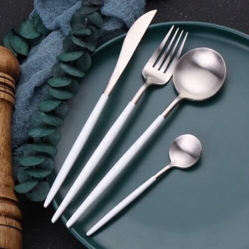 White Silver Cutlery Set Utensils Stainless Steel Tableware Set Dinnerware Spoon Knife Fork 4pcs Creative Combination Flatware