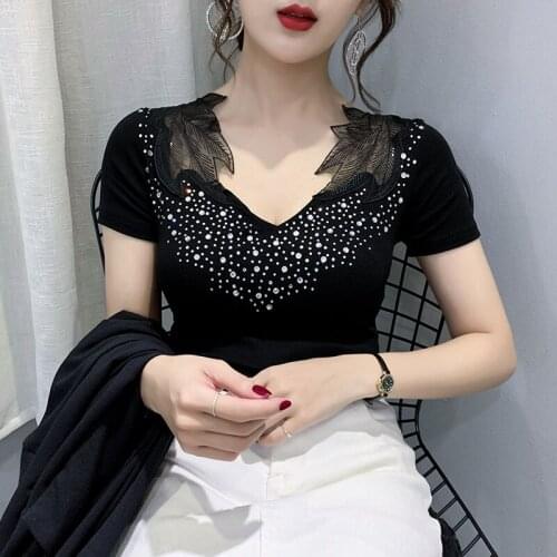 Sexy V-Neck Women Diamonds Patchwork Tees 2021 New Spring Summer Tops Short-Sleeved Frock Original Design Process Female T-Shirt