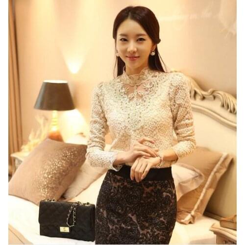 30pcs/lot mandarin collar lace blouse female formal lace top pullover lace flower blouse