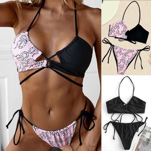 WomenS Fashion Sexy Bikini Split 2-Piece Halter Bandage Print Swimsuit Suit Black