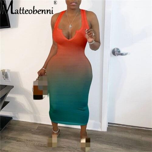 2021 Summer Women Tight Midi Dress Ladies Mid Waist Sexy Sleeveless Gradient V-Neck Nightclub Party Outfits Club Clothes Dress
