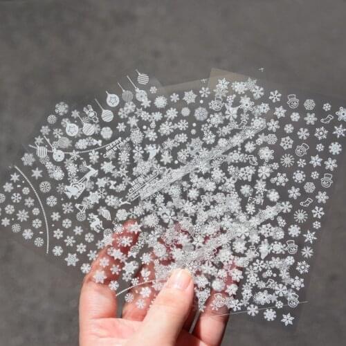 4sheets Merry Christmas Nail Art Decals Decoration Adhesive Nail Art Stickers Manicure White Snowflake Slider for Nail