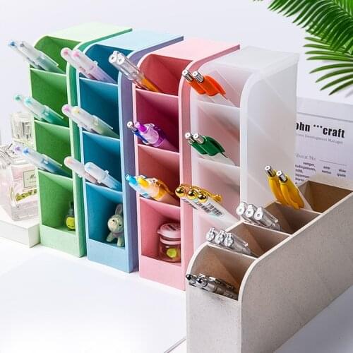 Color Desktop Pen Holder Pencil Makeup Brush Storage Box 4 Grid Oblique Insertion Desktop Organizer School Stationery