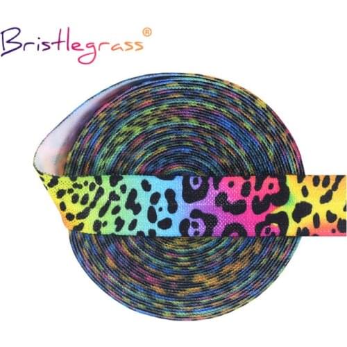 BRISTLEGRASS 2 5 10 Yard 5/8" 15mm Rainbow Leopard Print Fold Over Elastics FOE Spandex Satin Band Tape Hair Tie DIY Sewing Trim