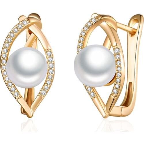 Geometric Gold Stud Earrings with Pearl Cubic Zirconia Gem Stone CZ Pearl Earrings for Women Party Jewelry Fashion Gifts