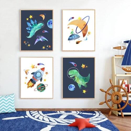 Dinosaur Nursery Print Outer Space Rocket Cartoon Poster Boys Kids Room Wall Decor , Space Wall Art Canvas Painting Pictures