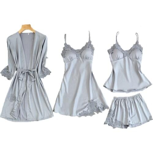 Gray Womens 4PC Strap Top Pants Suit Pajamas Sleepwear Sets Spring Home Wear Nightwear Sexy Kimono Robe Bath Gown Bathrobe