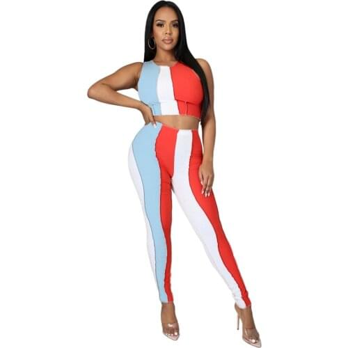 2021 Best Match Colorful Striped Printed Summer Slim-Fit 2 Piece Sets Womens Outfits Tank Tee And Skinny Pencil Pants Tracksuit