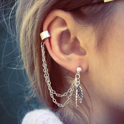 Fashion Women Earrings Body Jewelry Steampunk Ear Cuff Clip On Stud Wrap Earrings Bohemian Long Tassel Leaves Ear Cuffs