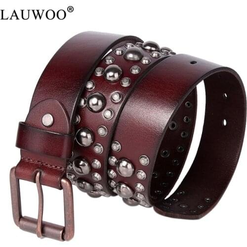 LAUWOOHeavy Metal Rivet Cowboy Punk Belt Genuine Leather Skull Jeans Belts For Men Vintage Strap Ceinture Homme Male Strap