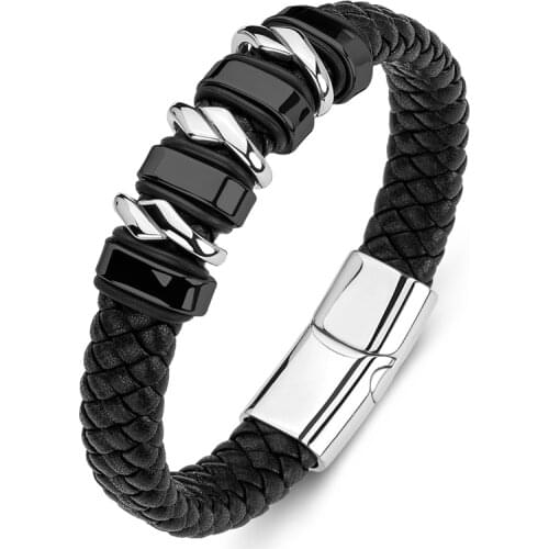 Newest Braided Leather Rope Hand Bracelet for Men Stainless Steel Punk Vintage Weave Bangles Charm Jewelry Accessories Gift P173