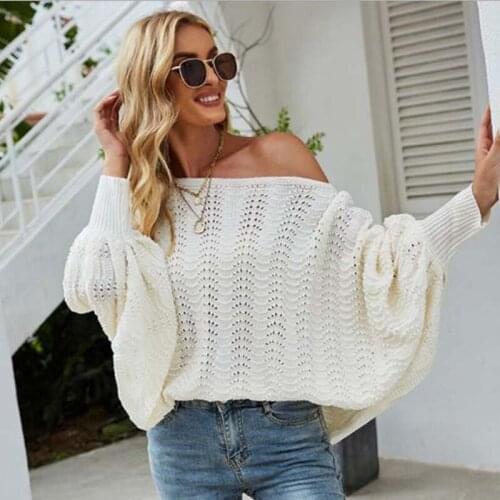 2021 Autumn Winter Loose Off Shoulder Sweater Women Sexy Knitted Sweaters Ladies White Black Sweater Pullover Jumpers for Women