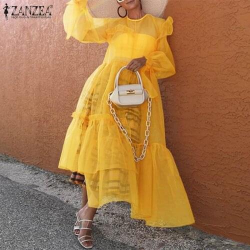 ZANZEA Womens Ruffle Patchwork Dress 2021 Fashion Asymmtrical See-through Maxi Dresses Casual Solid Loose Button Oversized Robe