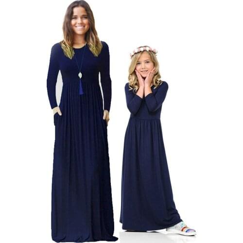 Mother and Daughter Beachwear Long Dress Girls and Mom Bohemian Long-sleeved Plain Dress Princess Casual 2021 New 35