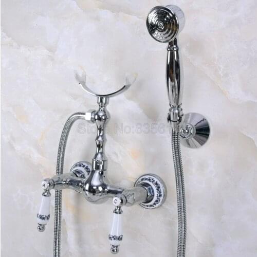 Polished Chrome Brass Telephone Style Bathtub Faucet Wall Mounted Bath & Shower Mixer Taps Handheld Shower Set tna263