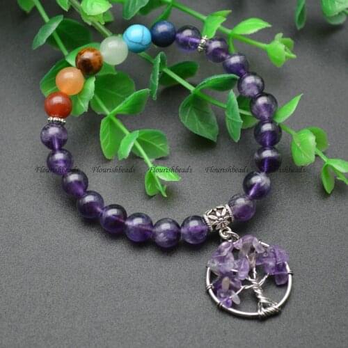 Multi Natural Gemstone Round Beads Silver Color Wire Wrapped Life Tree Chakra Charms Bracelet Healing Jewerly Couple Party Gift