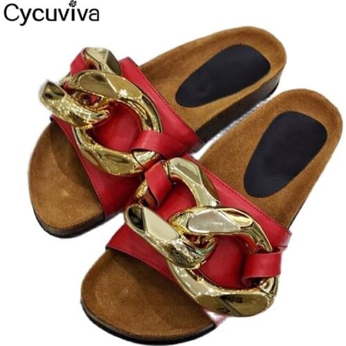 Metal Chain Platform Flat Shoes Woman Designer Slippers Summer Open Toe Slides Leather Women Sandals Casual Beach Zapatos Mujer